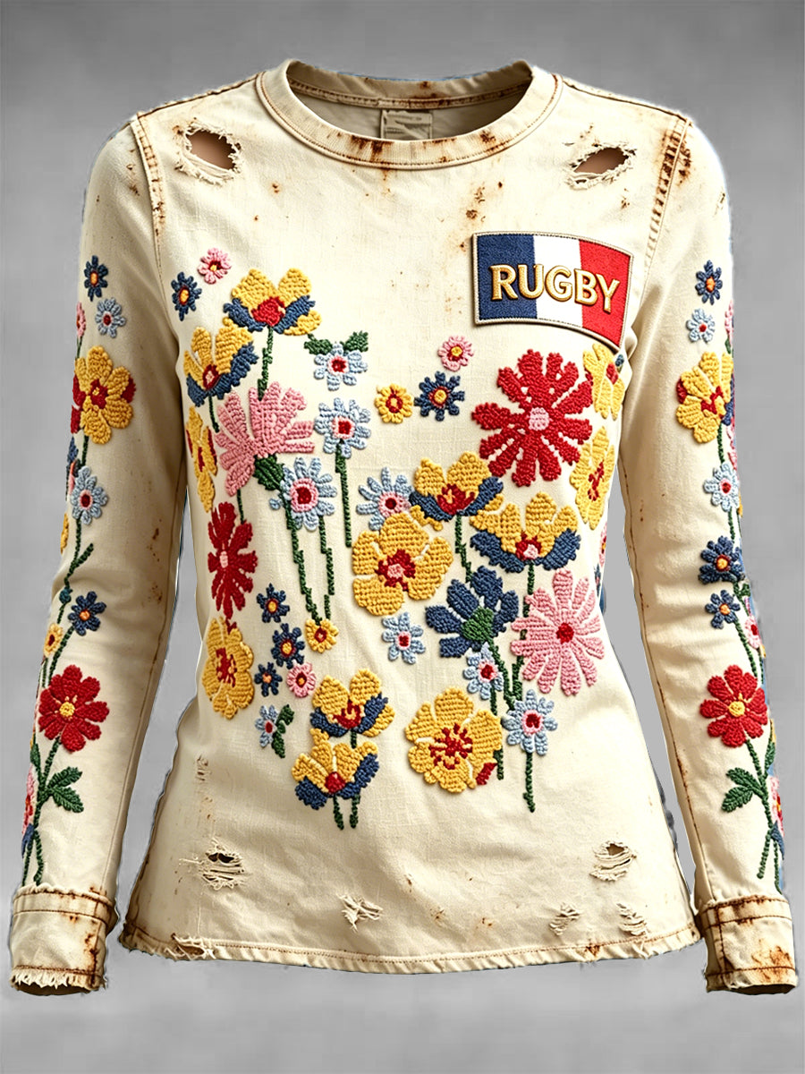 Women's French Floral Rugby 3D Print Vintage Casual Long-Sleeved T-Shirt