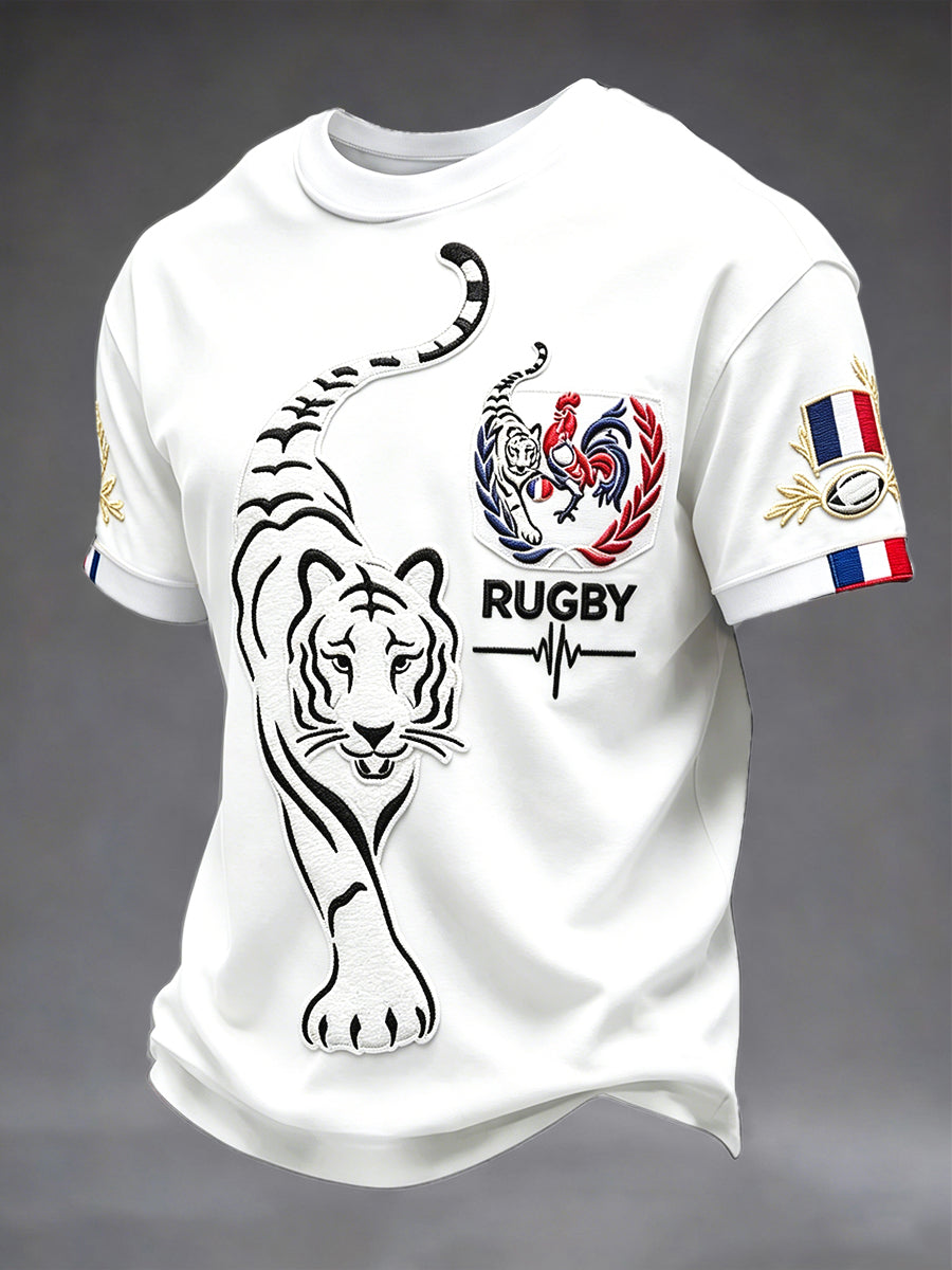 Men's White French RugbyRooster and Tiger Print Casual T-shirt