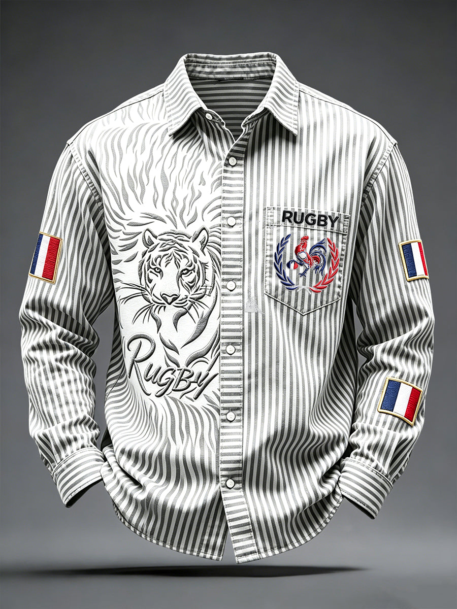 Men's French Rugby Rooster and Tiger Stripe Print Casual Shirt