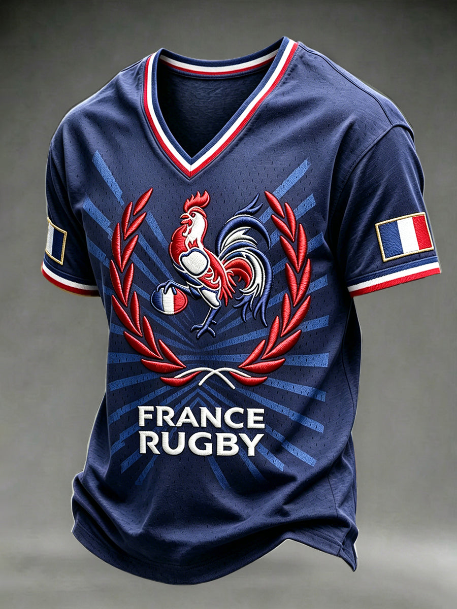 Men's Vintage Navy Blue Coq de France Rugby 3D Print Casual T-shirt