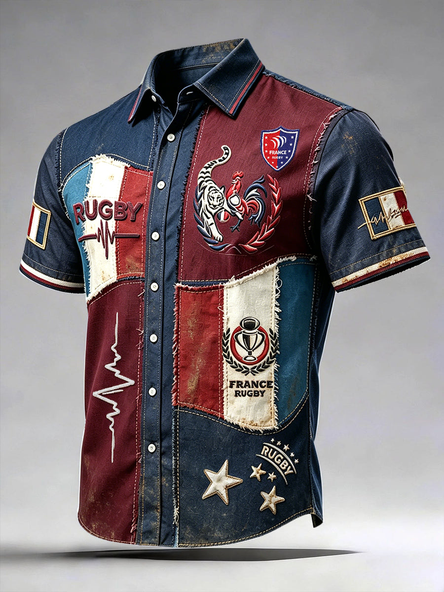 Men's Vintage French Rugby Patchwork 3D Print Casual Short-Sleeved Shirt