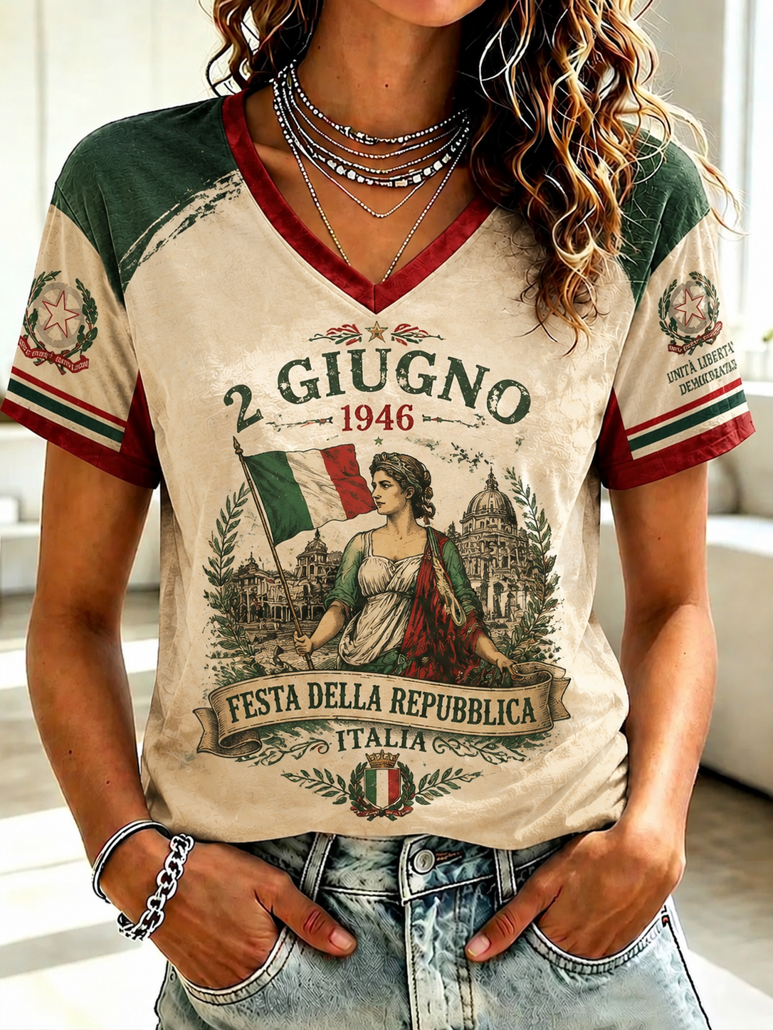 Women's Festa Della Repubblica Repvbblica Italiana Printed V-neck T-shirt