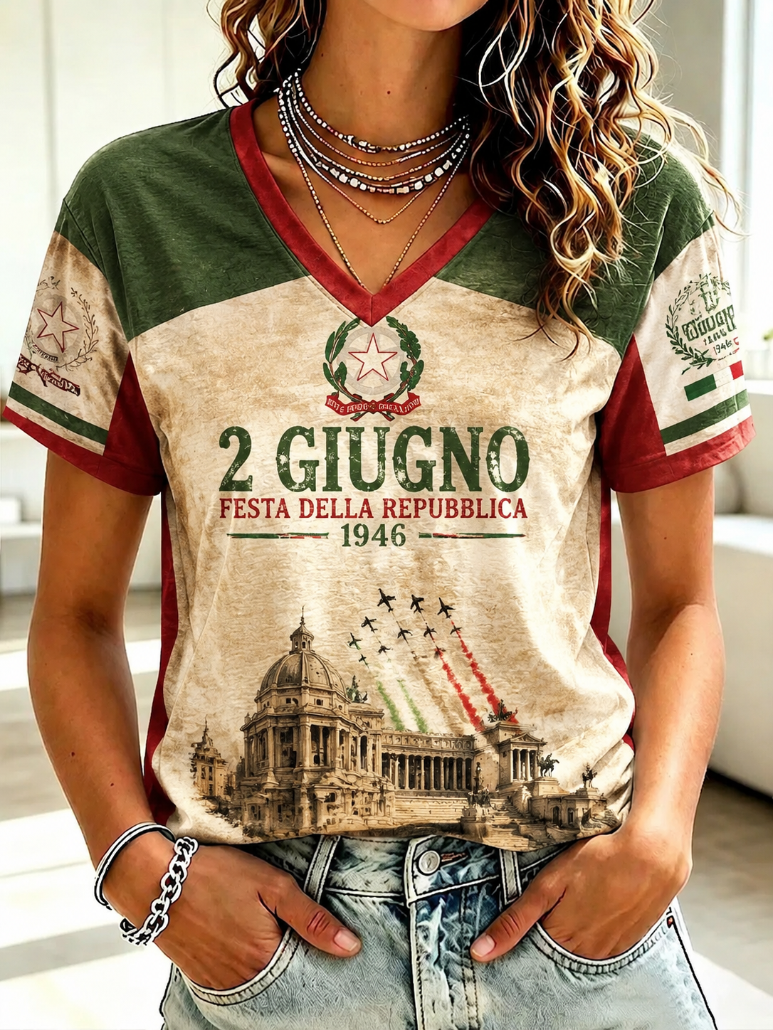 Women's Festa Della Repubblica Repvbblica Italiana Printed V-neck T-shirt