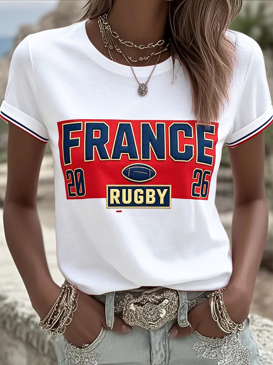 T-shirt décontracté blanc à imprimé patchwork de rugby français pour femmes