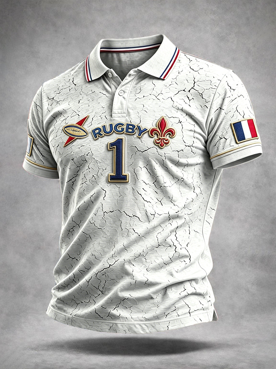 Polo décontracté gris clair à imprimé de rugby français pour homme