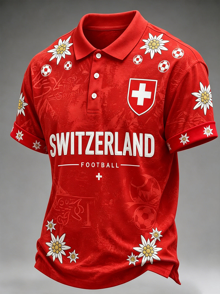 Herren-Poloshirt mit kurzen Ärmeln und Fußball-Print