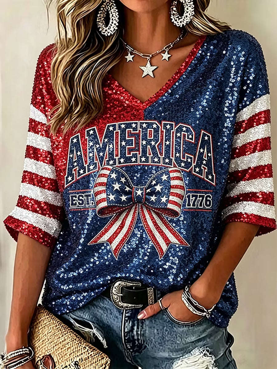 Women's Retro Independence Day USA Flag Art Print V-Neck T-Shirt