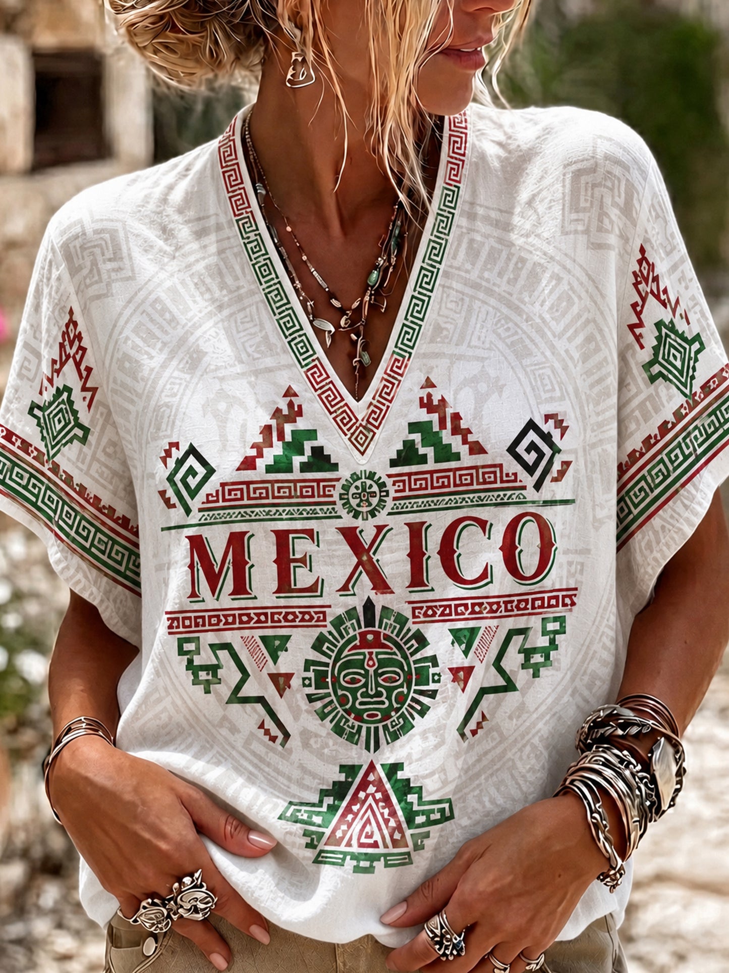 Estampado artístico de tótem azteca para partido de fútbol femenino mexicano, parte superior