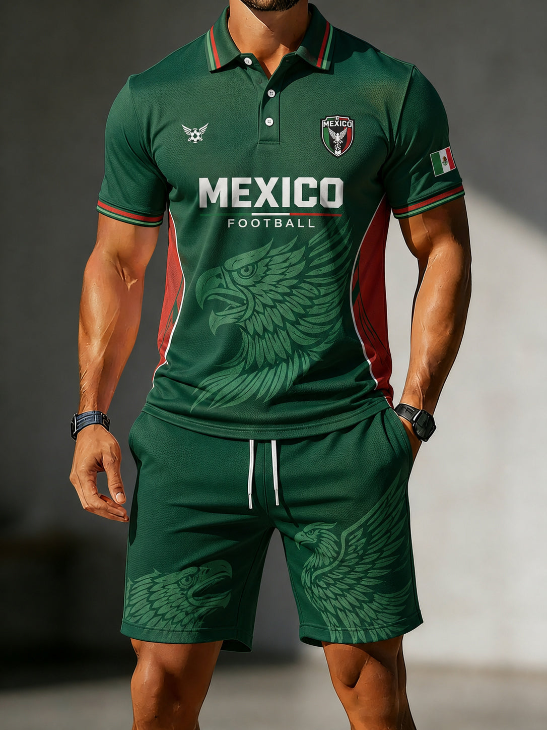 Conjunto de polo casual de manga corta con estampado de fútbol para hombre