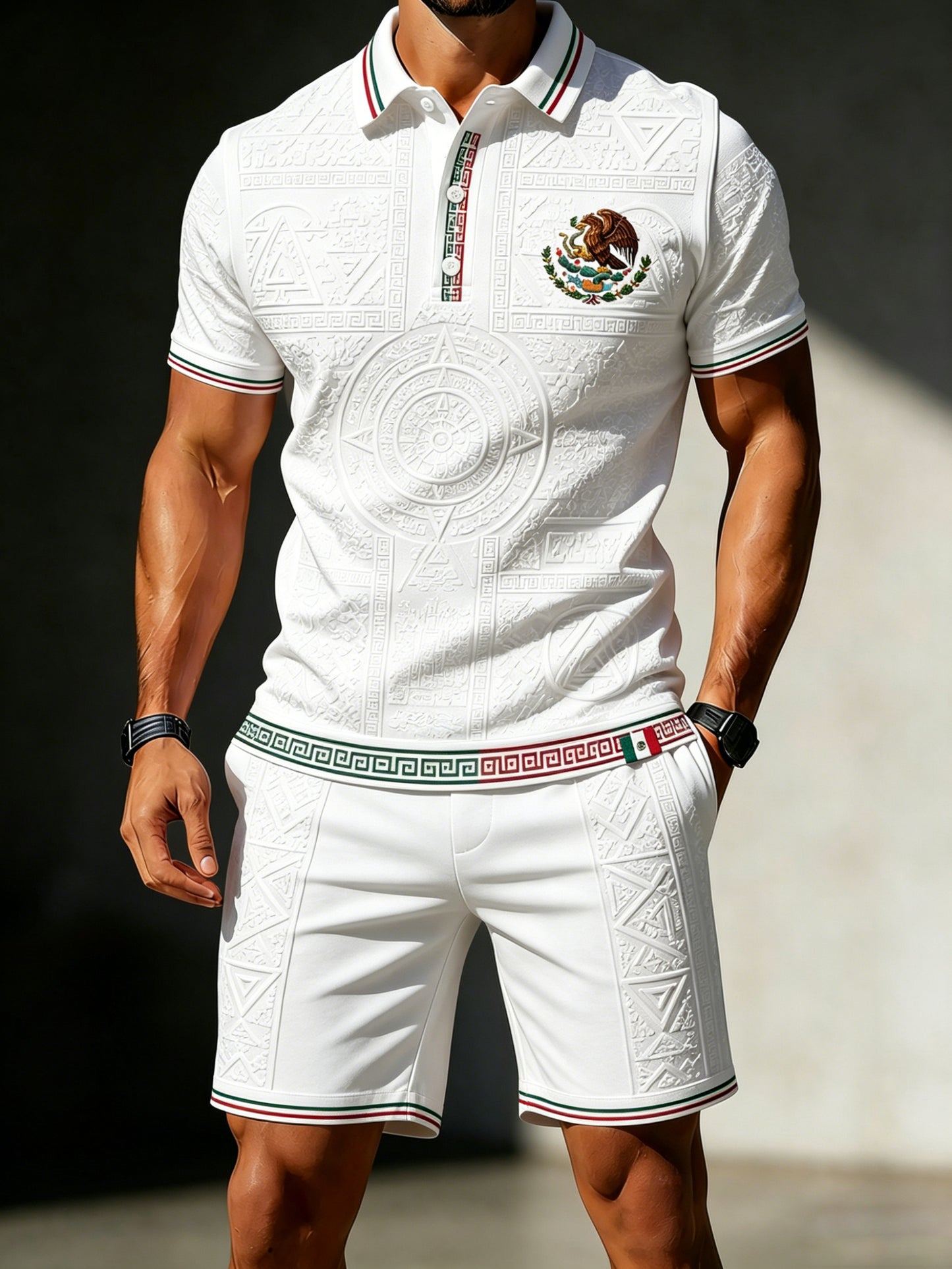 Conjunto de polo con estampado artístico de tótem azteca del fútbol mexicano para hombre
