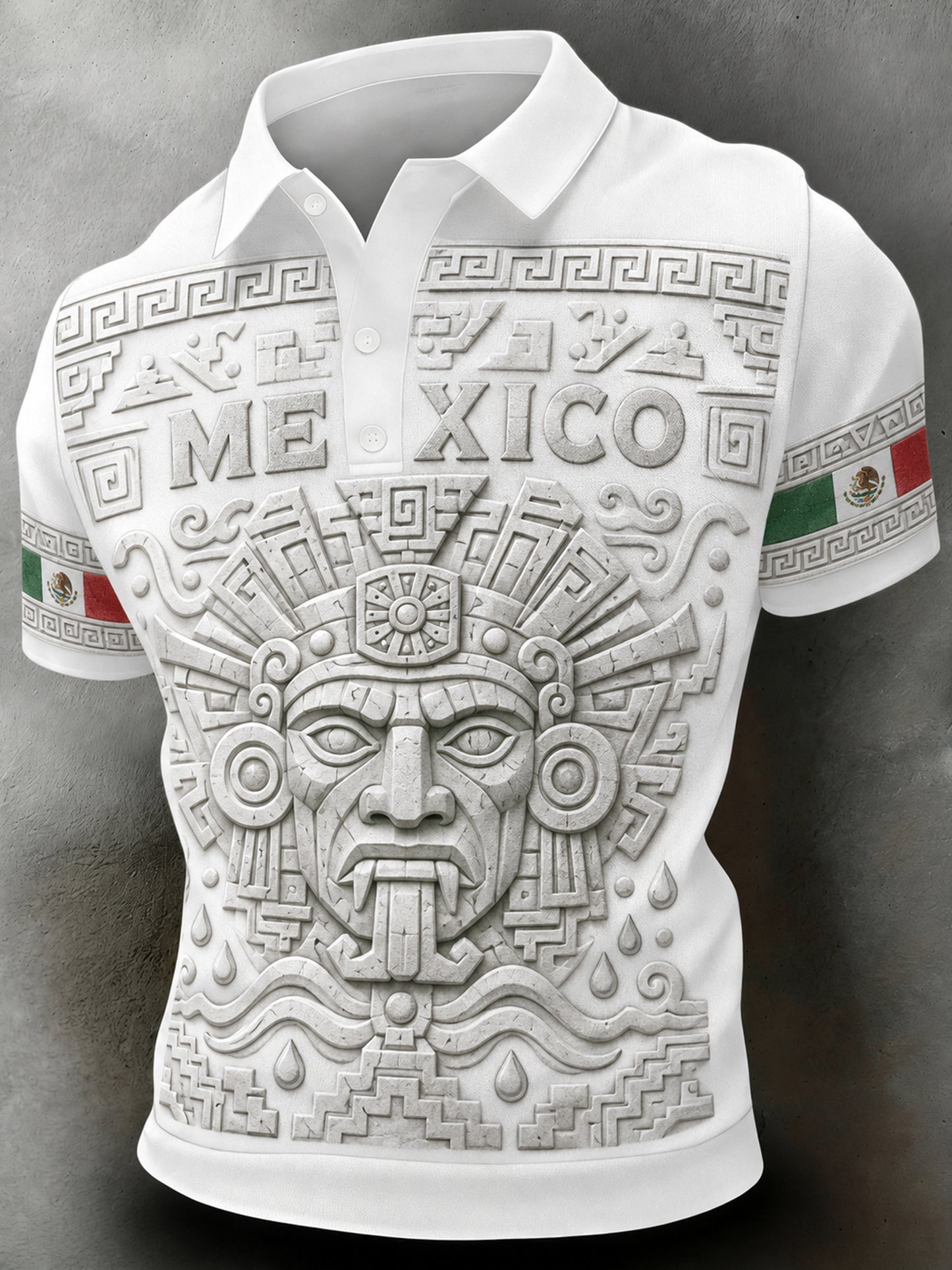 Polera para hombre con temática futbolística mexicana y estampado de tótem azteca