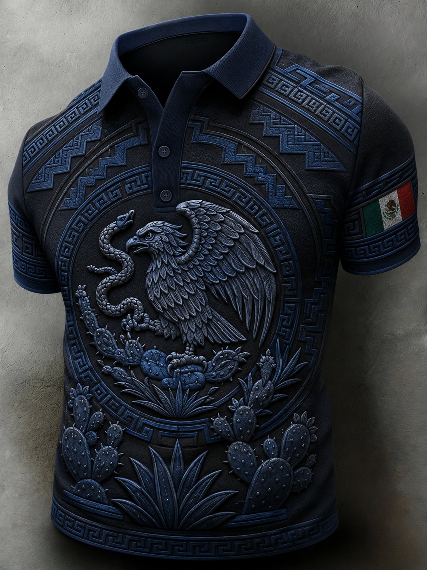 Polera para hombre con temática futbolística mexicana y estampado de tótem azteca