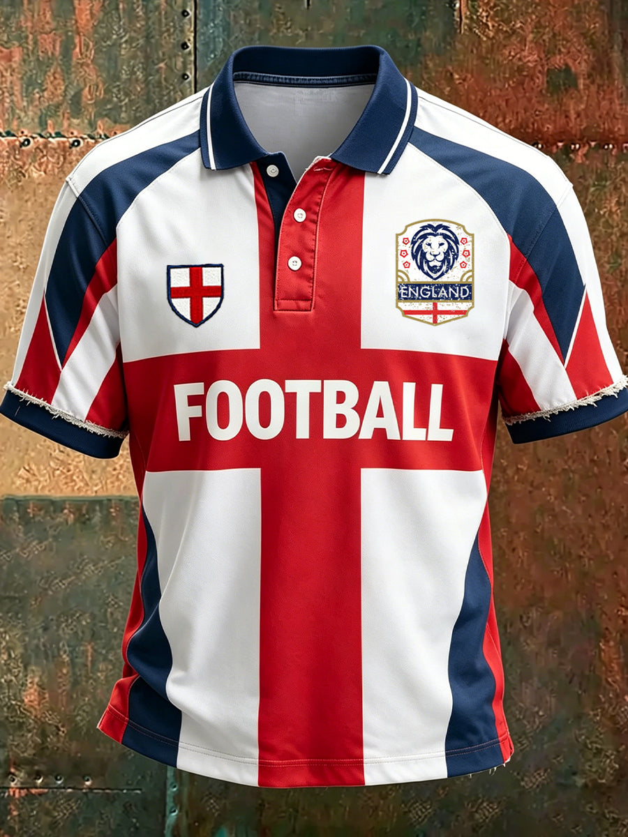 Men's Retro England Football Fan Art Print Casual Polo Shirt