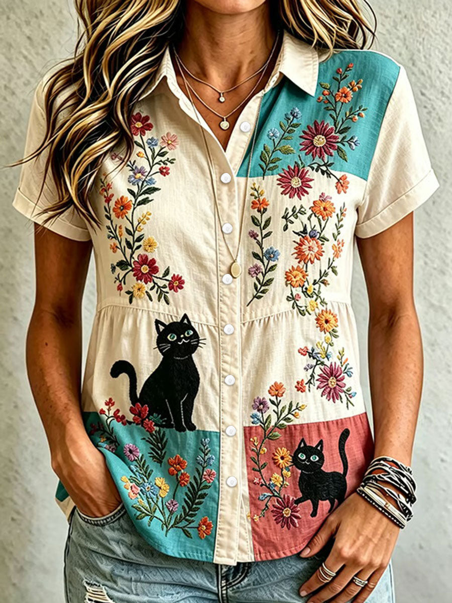 Women's Cat Art Print Casual Shirt