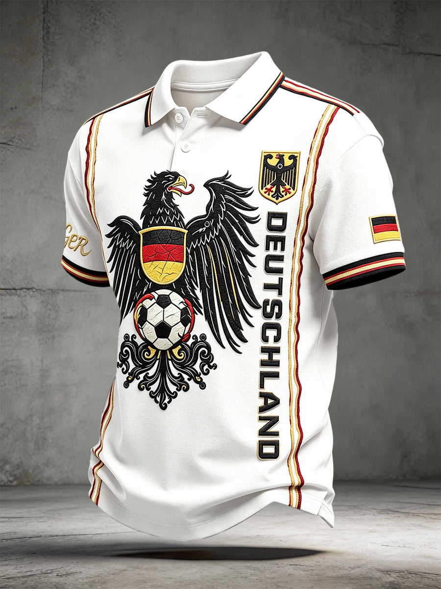 Herren Weiß Retro Deutscher Fußball Adler Print Casual Polo Shirt