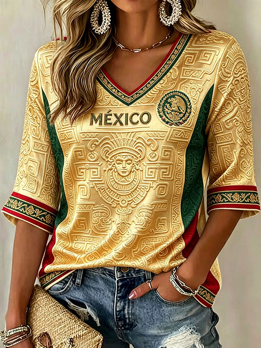 Camiseta estampada con diseño artístico para amantes del fútbol mexicano, para mujer