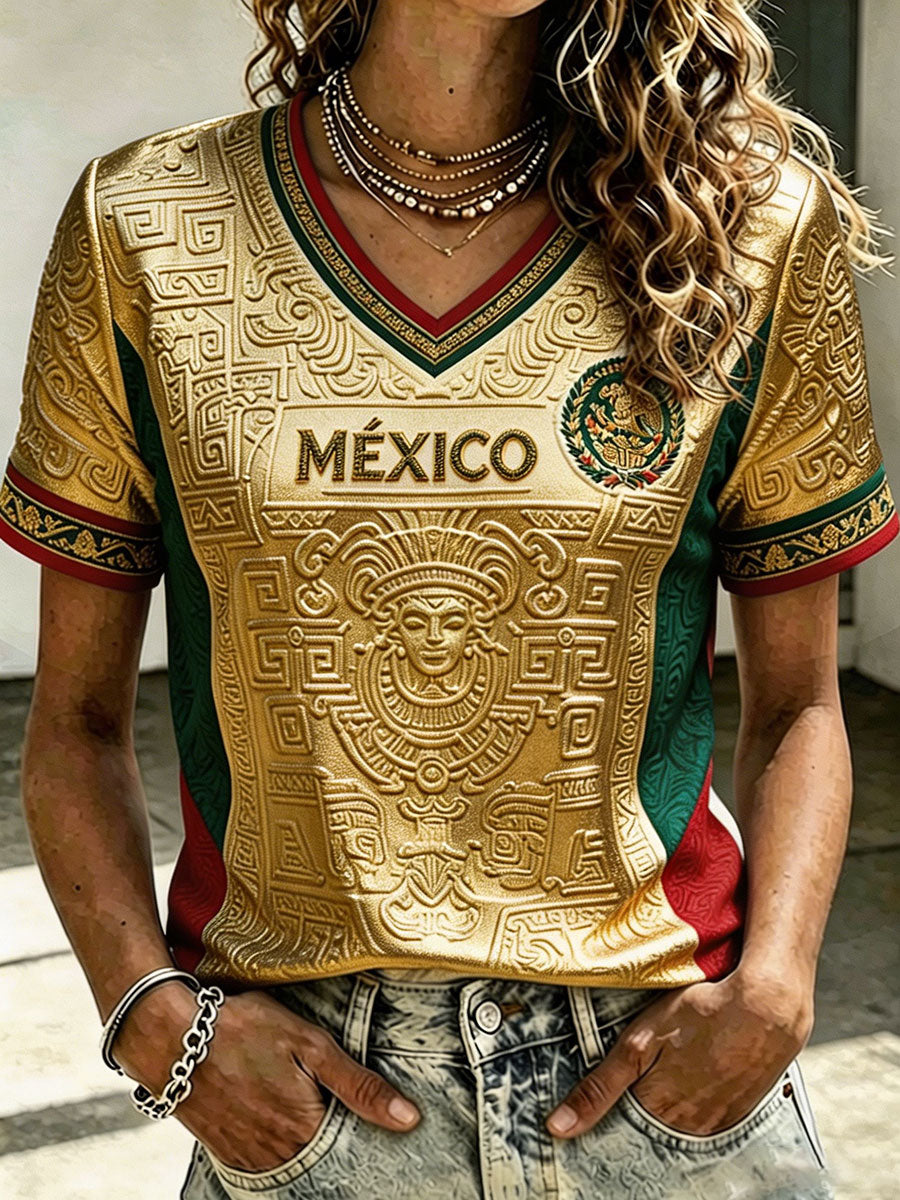 Camiseta estampada con diseño artístico para amantes del fútbol mexicano, para mujer