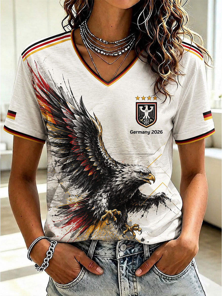 Damen-Fußball-T-Shirt aus Deutschland mit V-Ausschnitt und Aufdruck