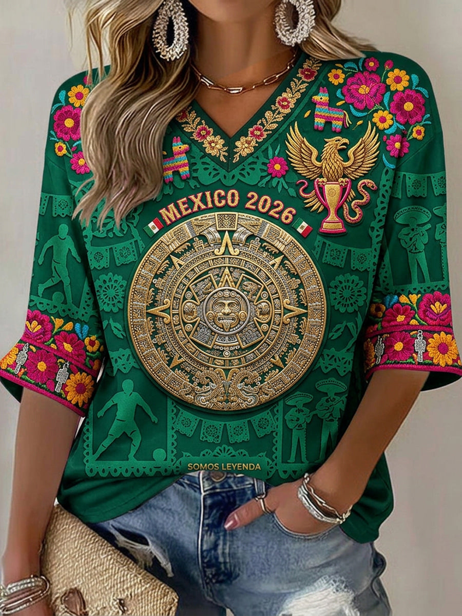 Camiseta de manga corta con estampado de arte de aficionadas al fútbol mexicano para mujer
