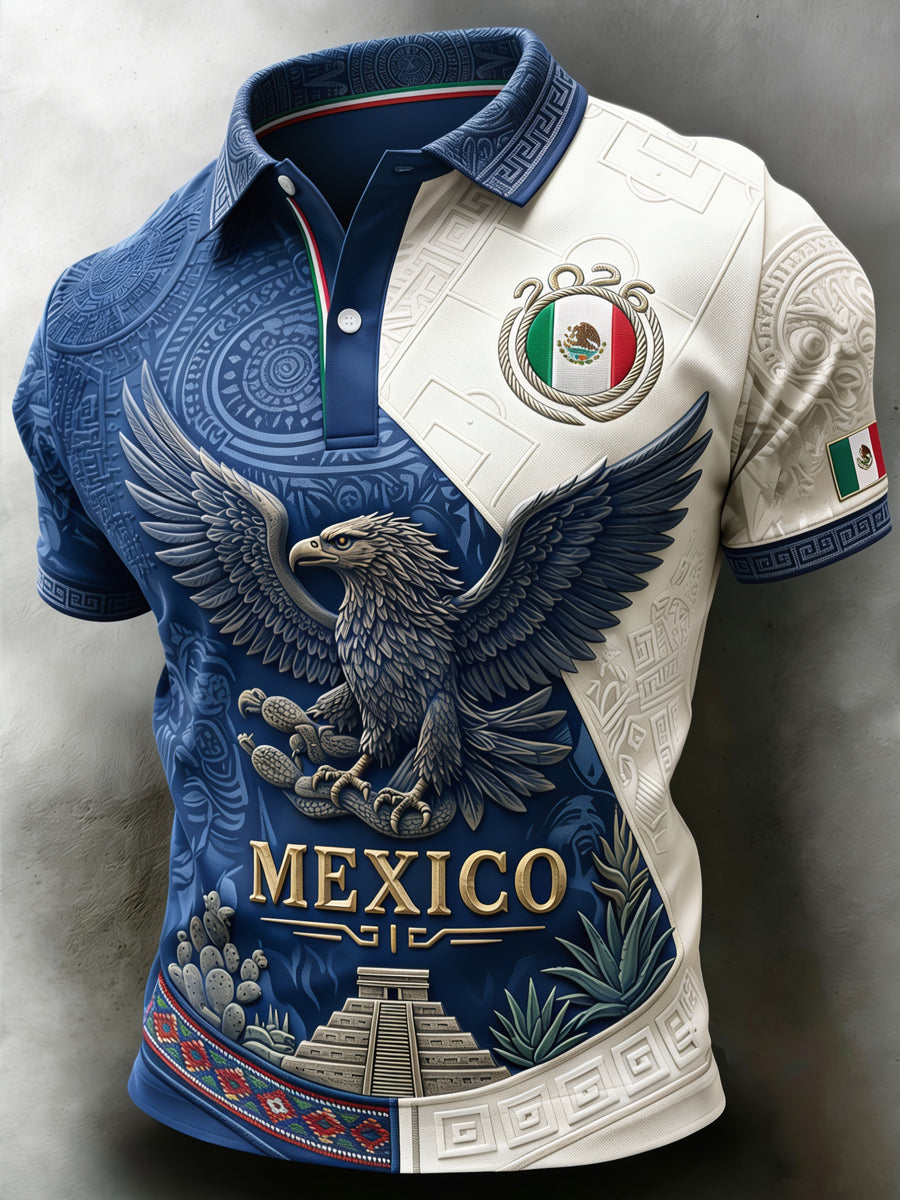 Camisa polo de manga corta con estampado artístico del partido de fútbol mexicano masculino