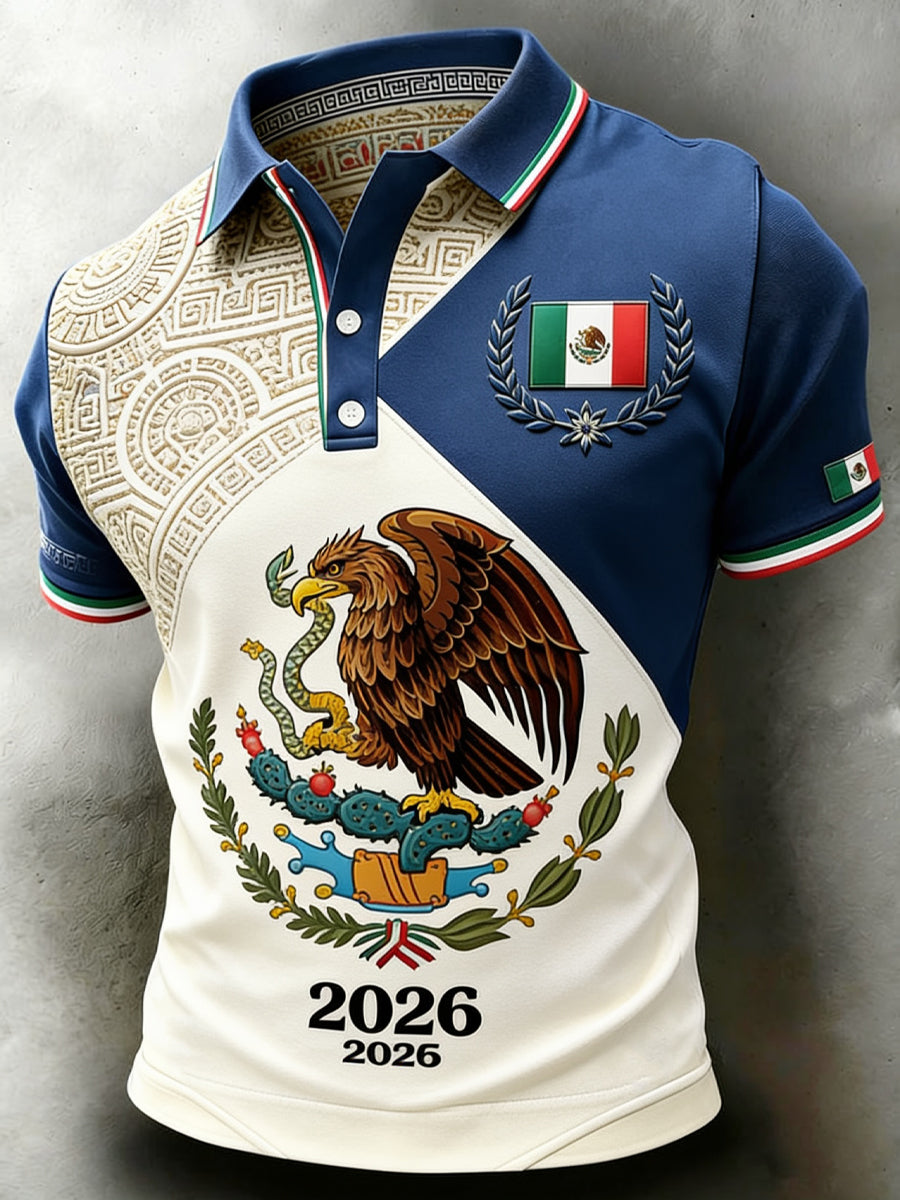 Polo de manga corta con estampado de arte de partido de fútbol mexicano para hombre