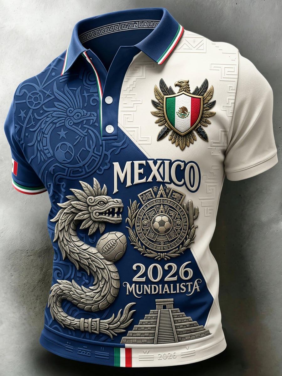 Camisa polo de manga corta con estampado artístico del partido de fútbol mexicano masculino