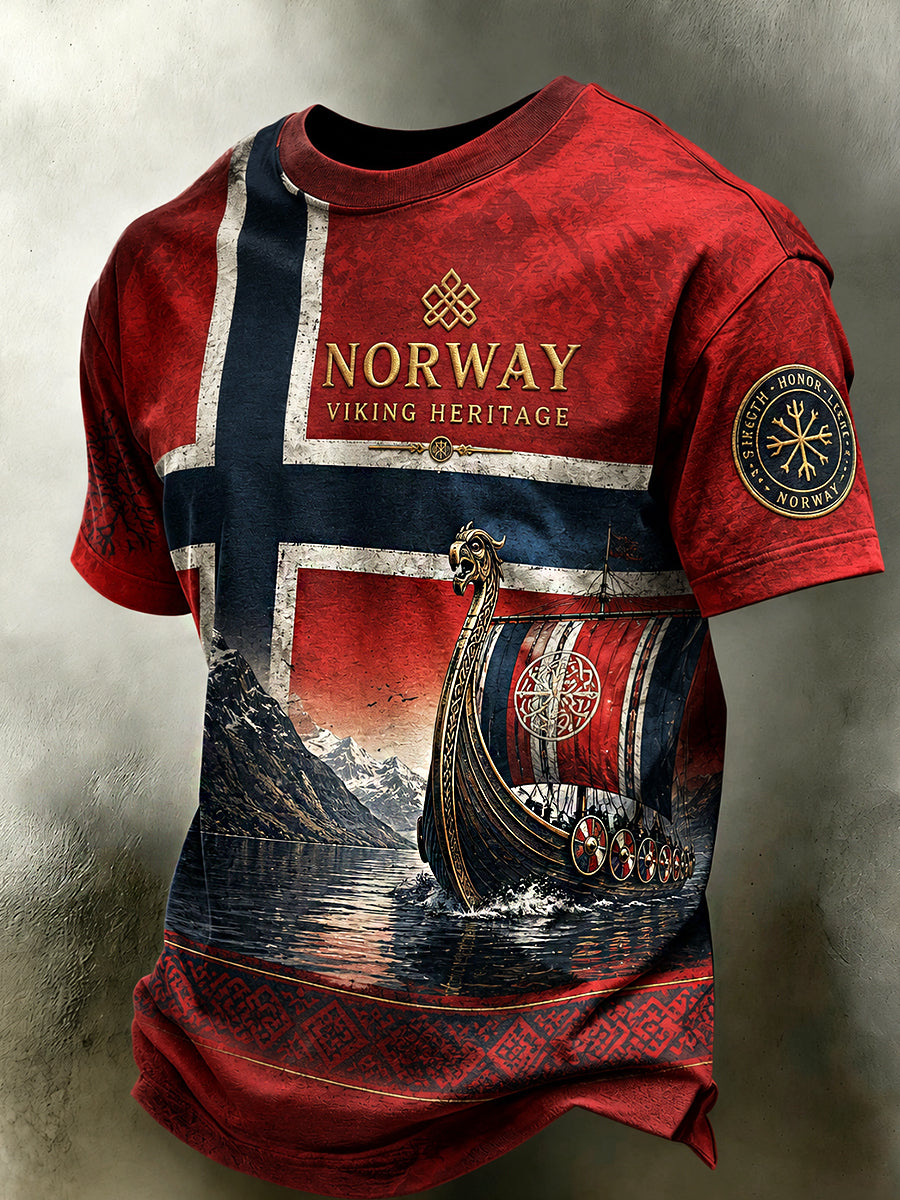 Men's Retro Nordic Style Norwegian Art Print Casual T-Shirt