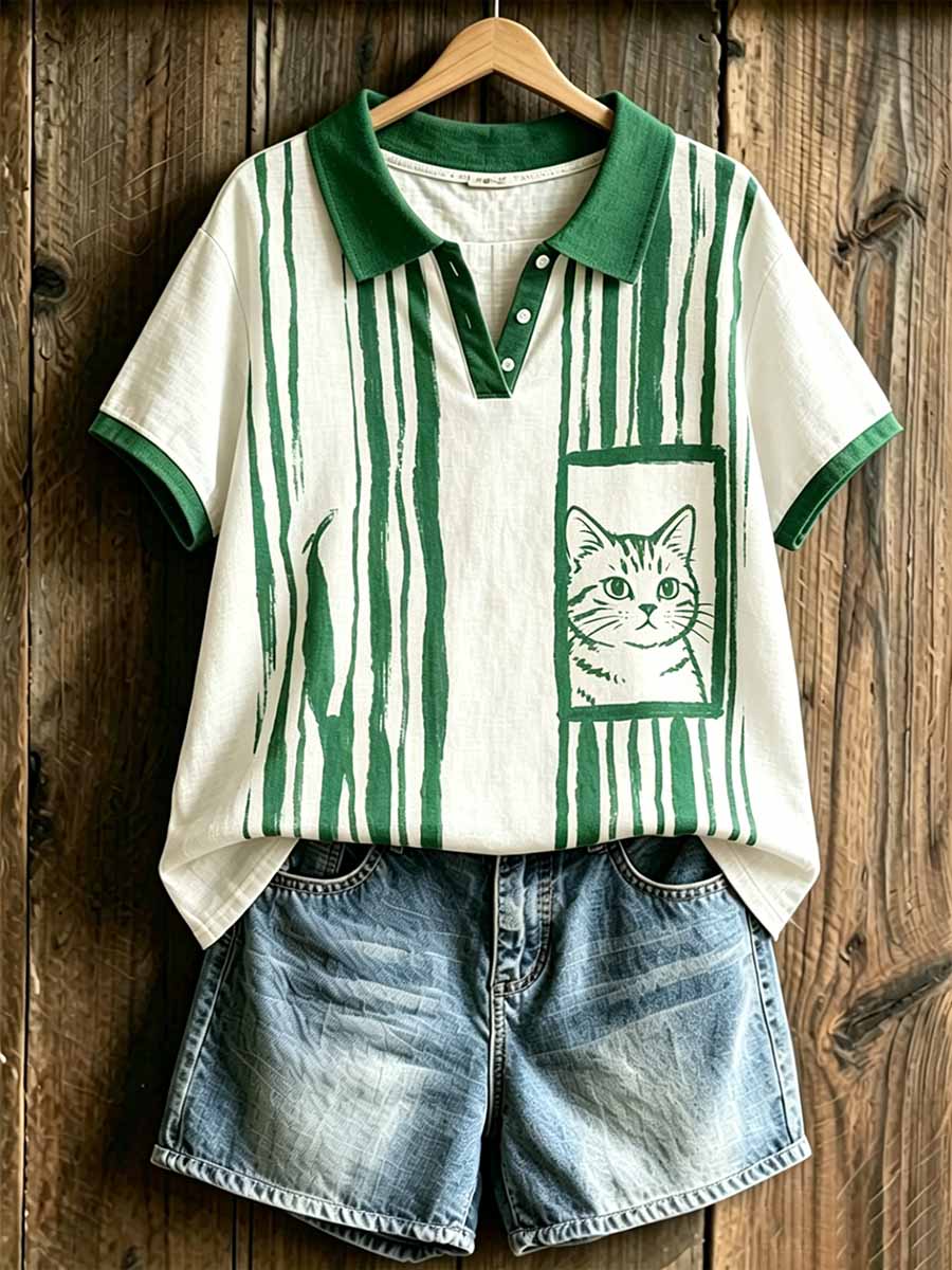 Women's Fashion Cat Art Print Polo Shirt