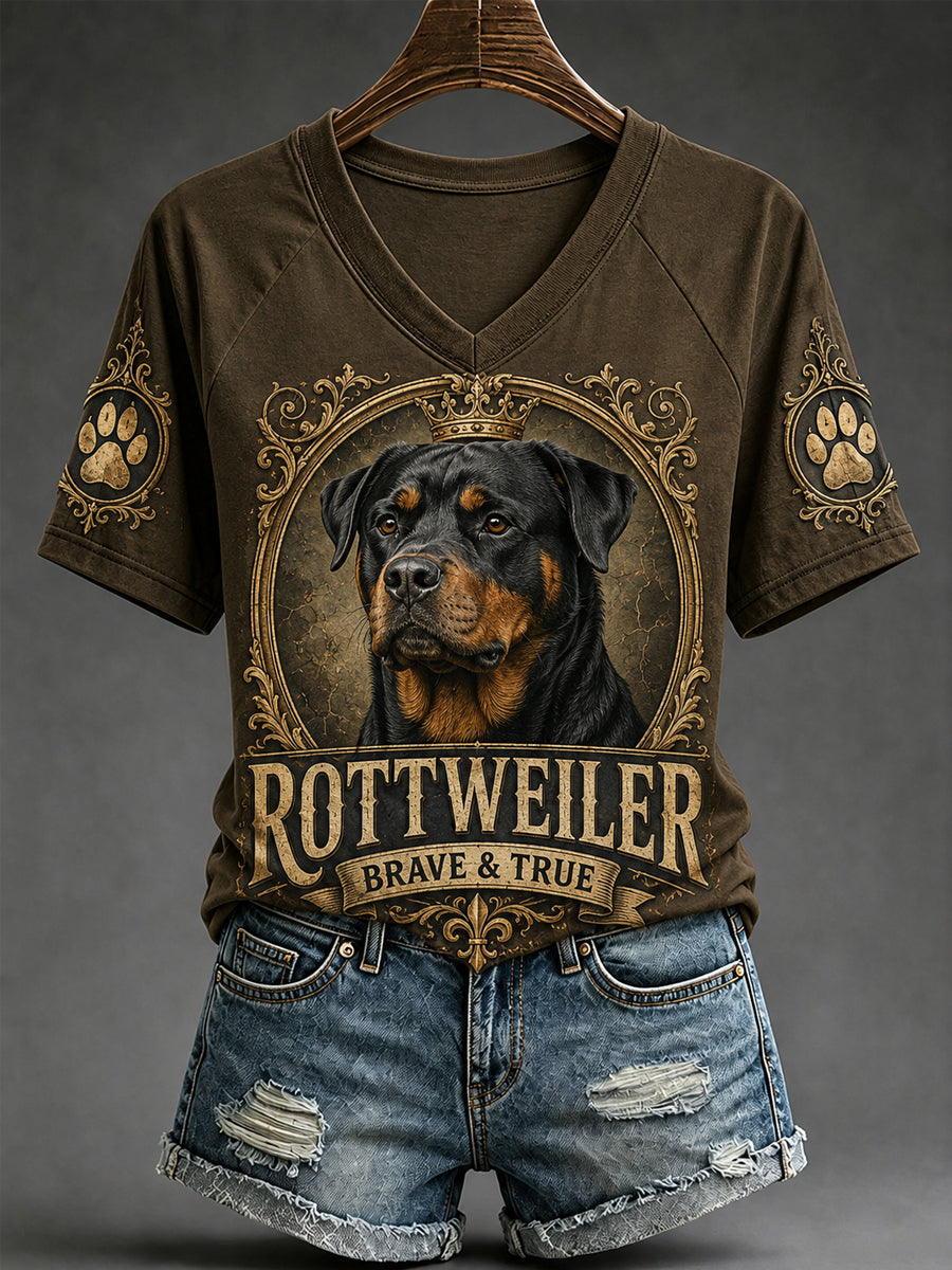 Women's Retro Dog Print Casual V-Neck Tee