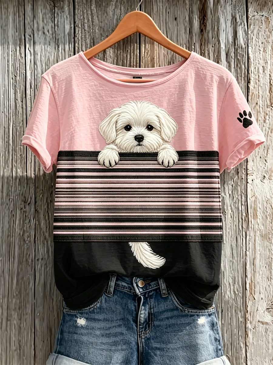Women's Peeking Maltese Dog Colorblock Print short-sleeved T-shirt