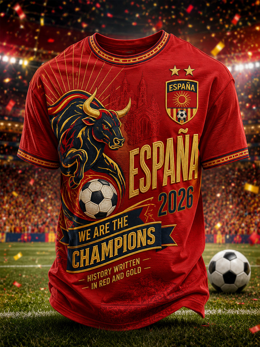 Camiseta casual para hombres con estampado «We Are The Champions 2026»; regalo para aficionados al fútbol en celebración del título de España