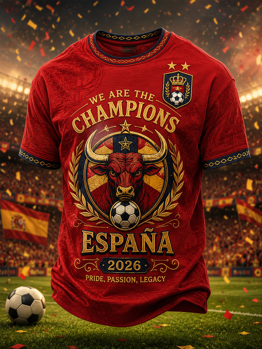 Camiseta casual para hombres con estampado «We Are The Champions 2026»; regalo para aficionados al fútbol en celebración del título de España