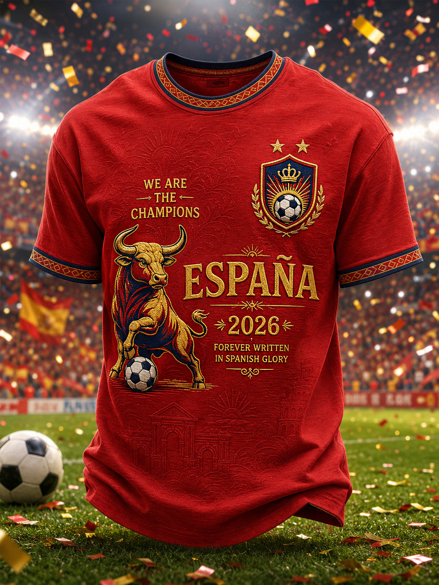 Camiseta casual para hombres con estampado «We Are The Champions 2026»; regalo para aficionados al fútbol en celebración del título de España