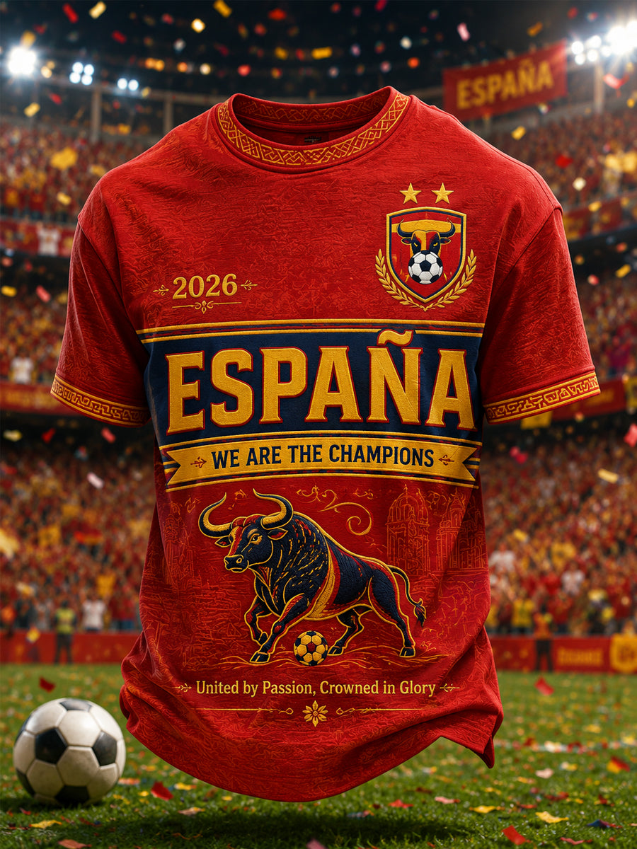 Camiseta casual para hombres con estampado «We Are The Champions 2026»; regalo para aficionados al fútbol en celebración del título de España