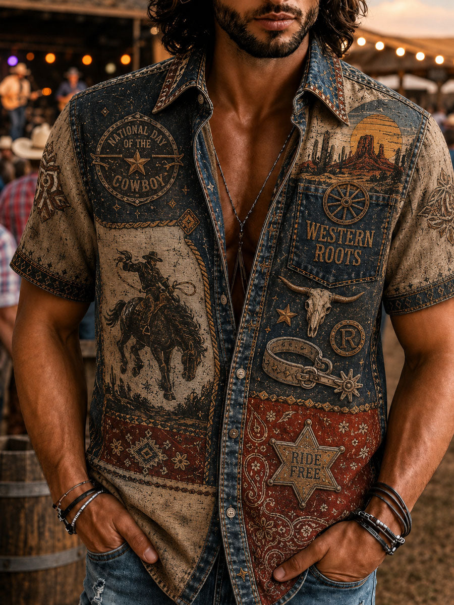Men’s Vintage Western Cowboy Day Print Casual Short-Sleeve Shirt