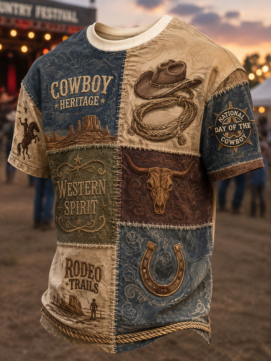 Men’s Retro Western Cowboy Day Print Casual Short-Sleeve T-Shirt