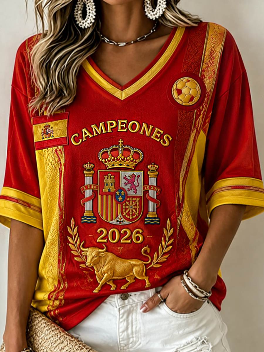 Camiseta de mujer con estampado “Champion 2026”, ideal como regalo para aficionadas al fútbol, diseño casual, manga media y cuello en V