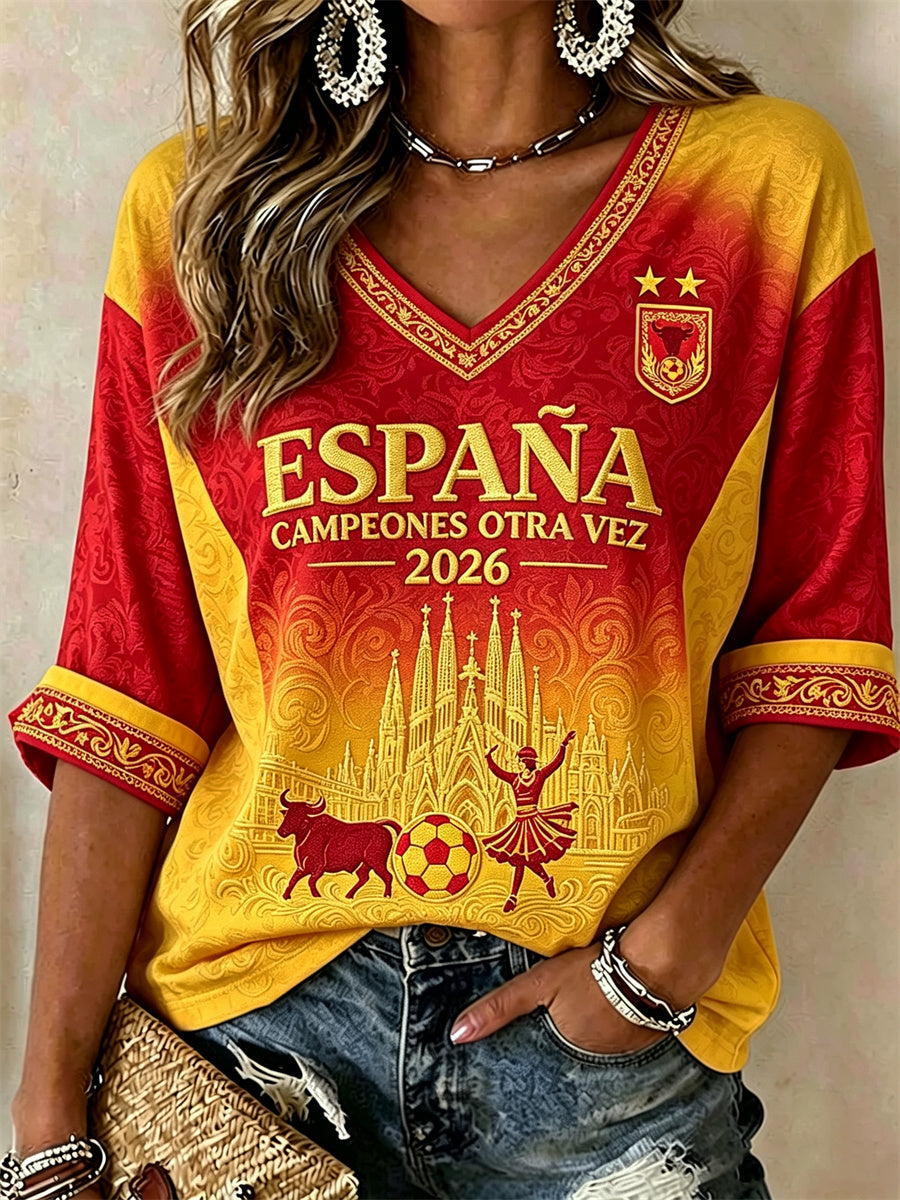 Mujer Campeón de Fútbol de España Bull & Flamenco Dancer Sagrada Família Print Mid-length Sleeves V-Neck T-Shirt