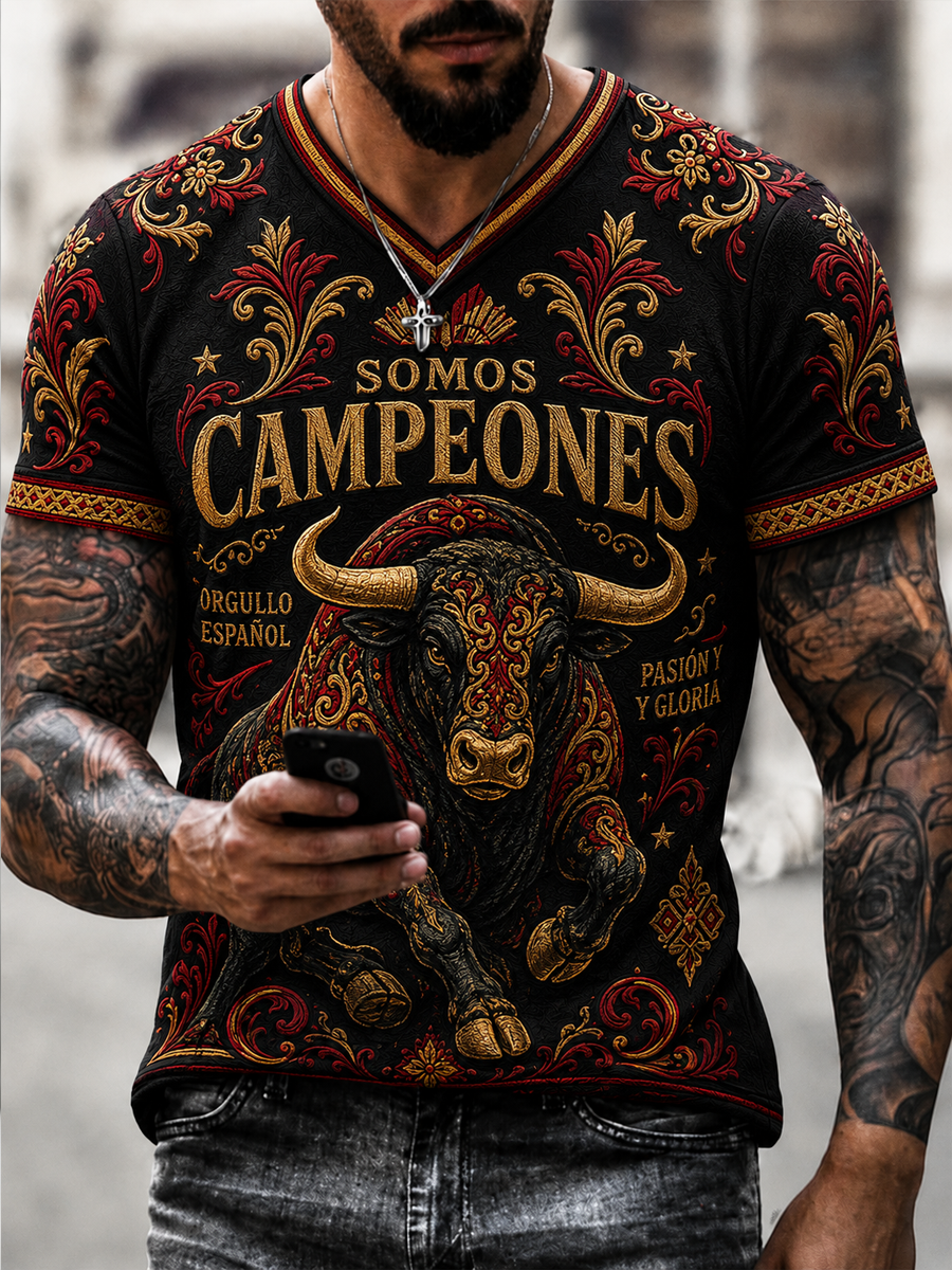 Camiseta estampada con cuello en v Somos los campeones de hombre