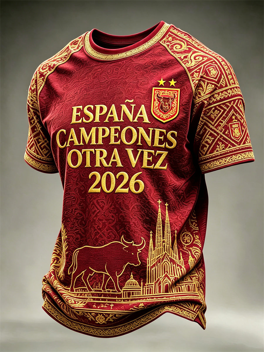 Camiseta de manga corta para hombre con estampado del campeón de fútbol de España, el toro y la Sagrada Familia