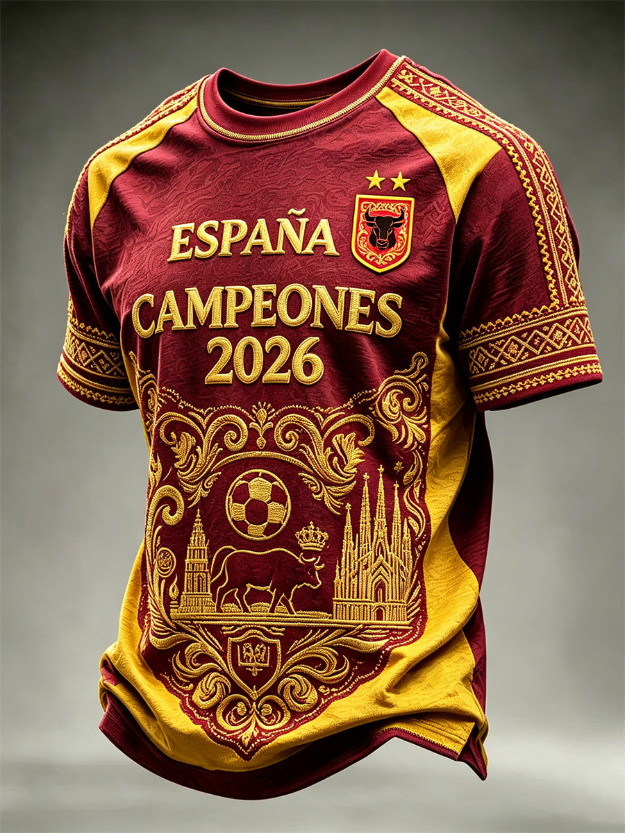 Camiseta de manga corta para hombre con estampado del campeón de fútbol de España, el toro y la Sagrada Familia