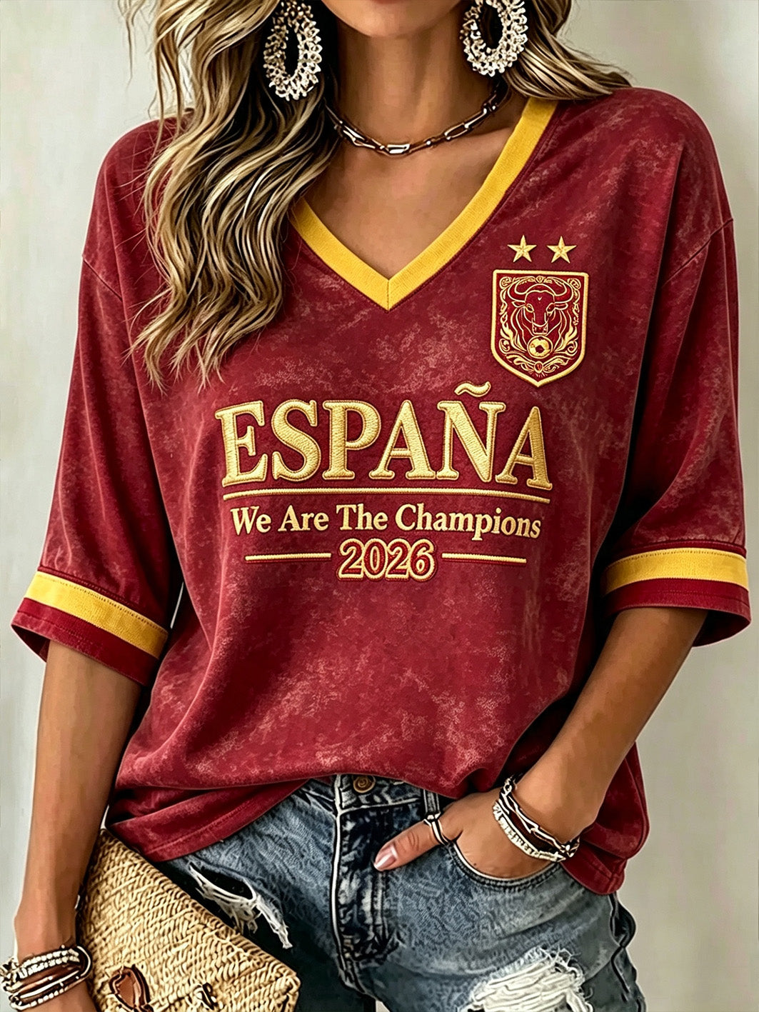 2026 España Football Fans Camiseta Casual de manga media con cuello en V para mujer