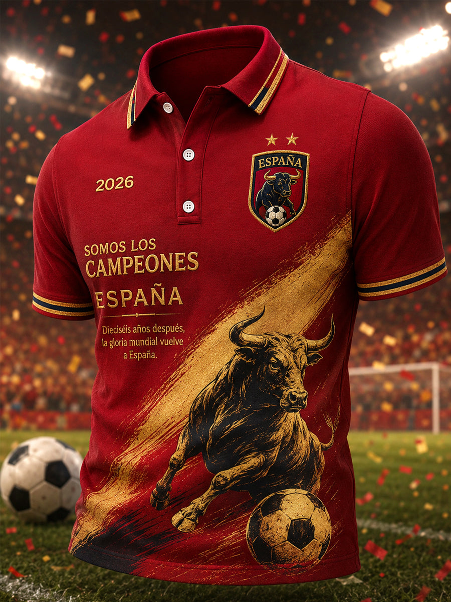 Polo casual para hombres con estampado “We Are The Champions 2026”, regalo para aficionados al fútbol en celebración del título de España