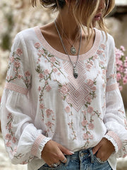 Women's Vintage Floral Art Print Casual Cotton-Linen Top