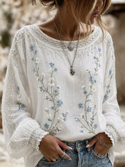 Women's Vintage Floral Art Print Casual Cotton-Linen Top