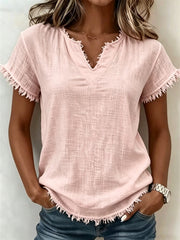 Women's Fringe Trim Notch Neck linen short-sleeved T-shirt