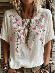 Women's Vintage Floral Art Print Casual Cotton-Linen Top