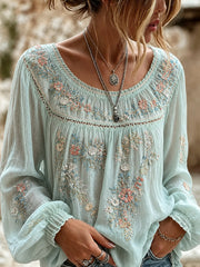 Women's Vintage Floral Art Print Casual Cotton-Linen Top