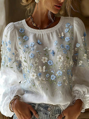 Women's Vintage Floral Art Print Casual Cotton-Linen Top