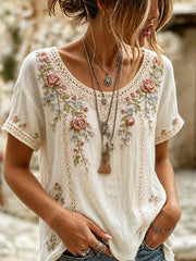 Women's Vintage Floral Art Print Casual Cotton-Linen Top